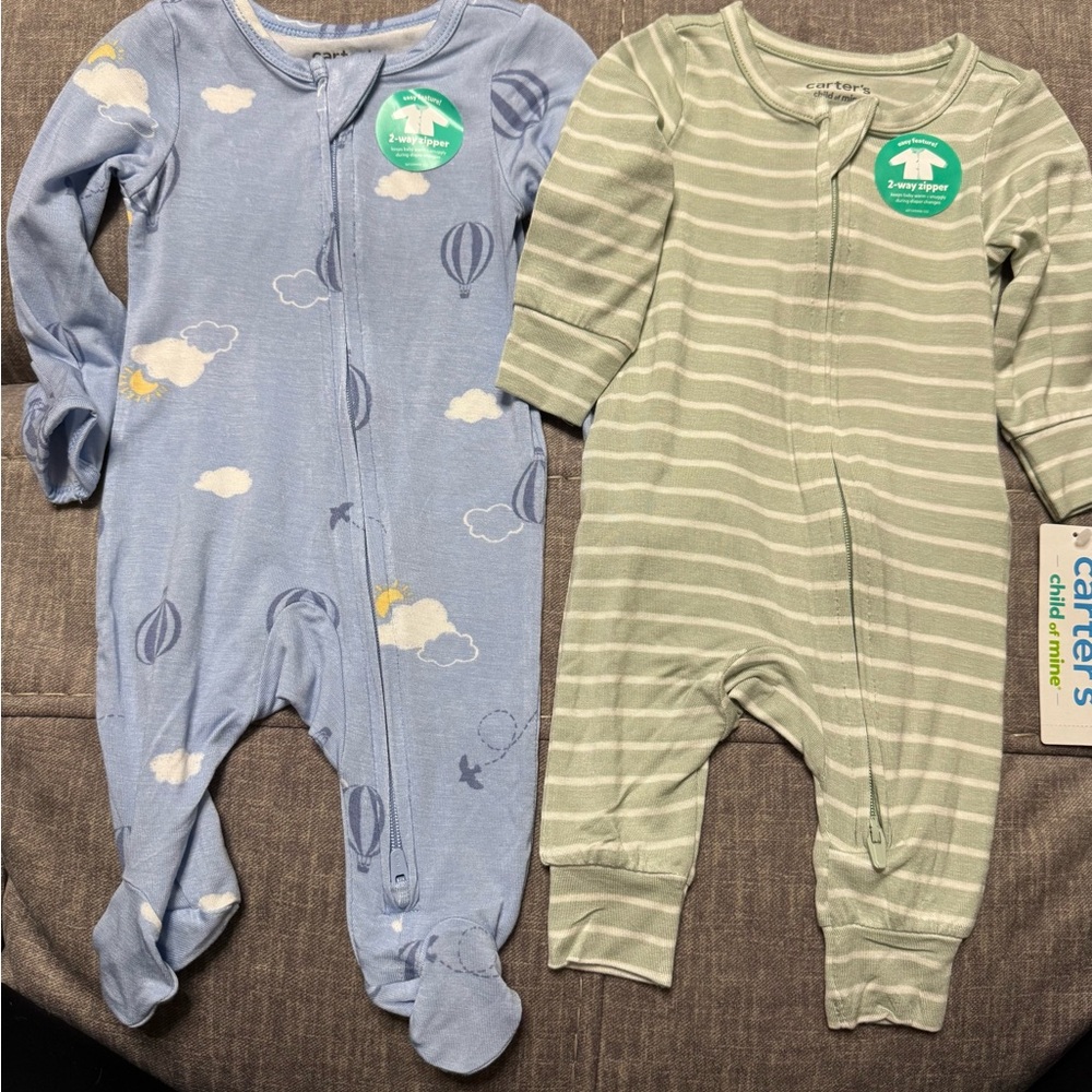 Carter's Blue Cloud & Green Stripe Footed Sleepers - 2-Pack